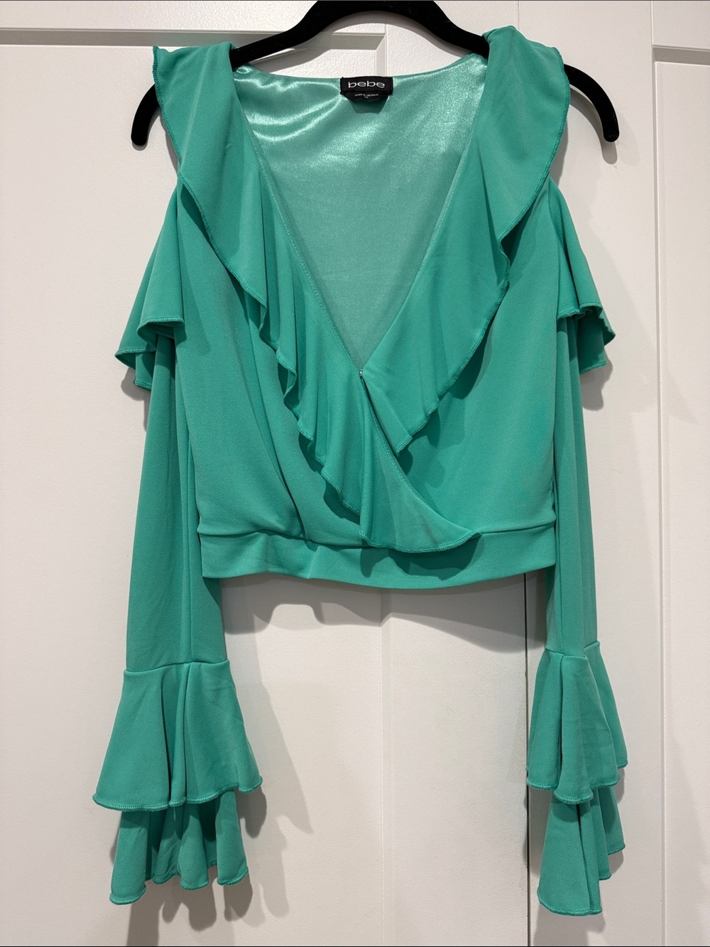 bebe Teal Ruffled Cold-Shoulder Wrap Blouse (XS)